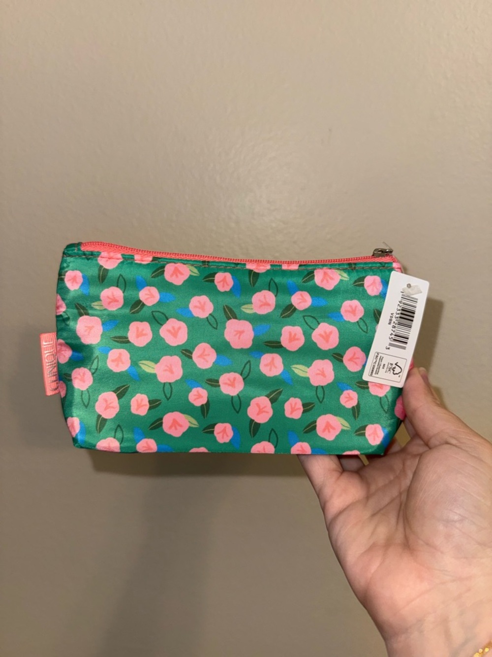 NWT New Clinique Green Floral Makeup Cosmetic Bag Pouch with Pink & Blue Roses 🩷
